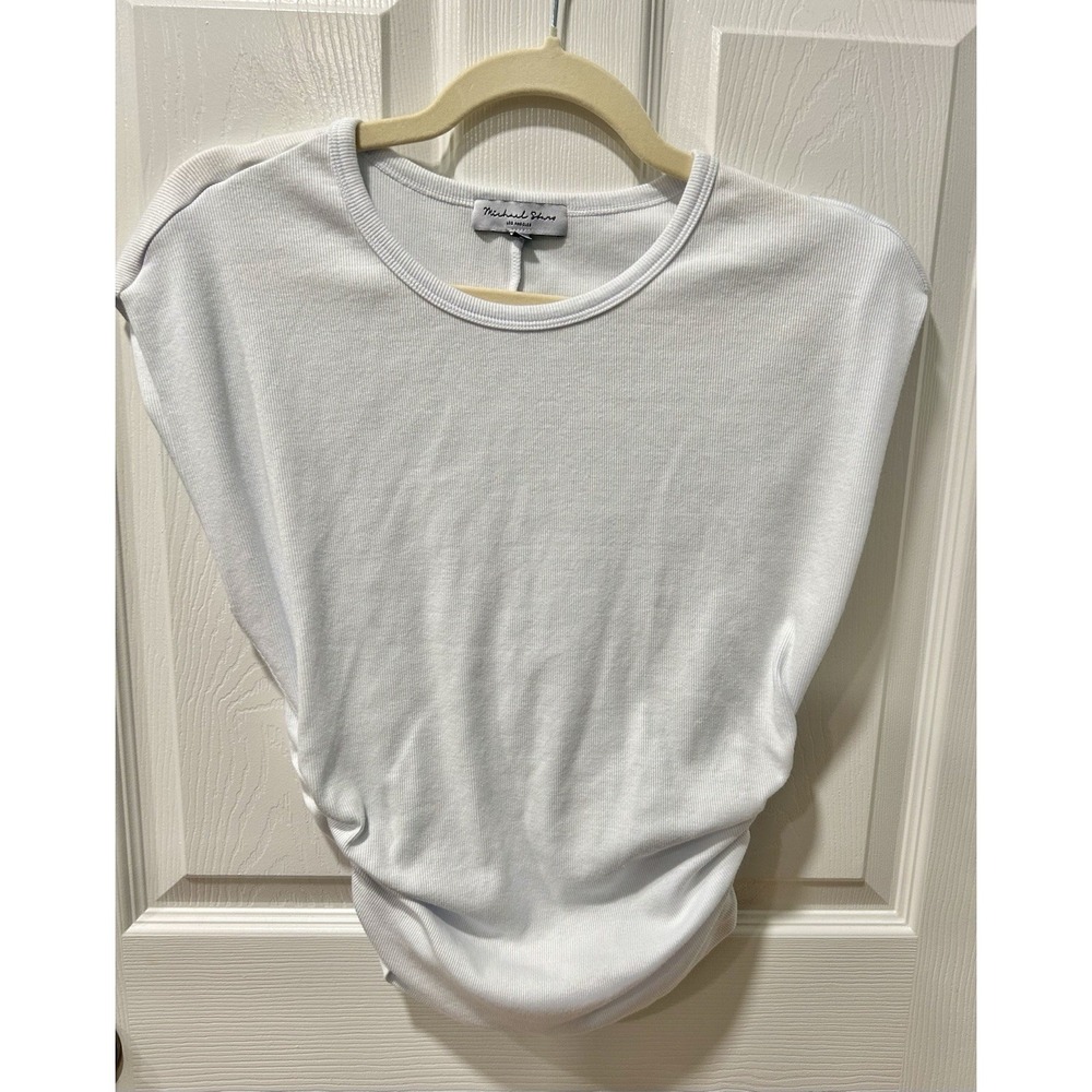 999 Joni Power Shoulder Rib Top Tee Tshirt Ruched Sides Medium White